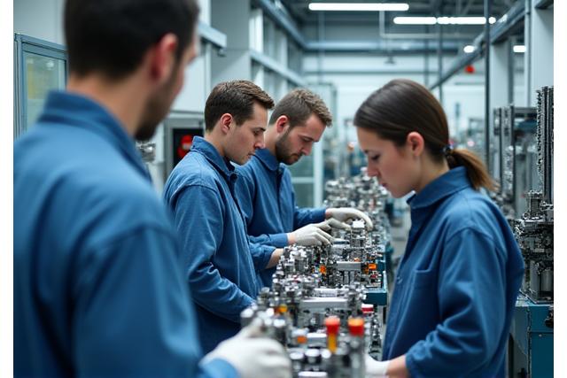 Team working meticulously in a state-of-the-art manufacturing workshop, showcasing precision engineering.