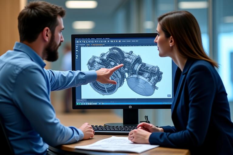 Engineers collaborating around a 3D CAD model on a computer screen, reviewing designs.