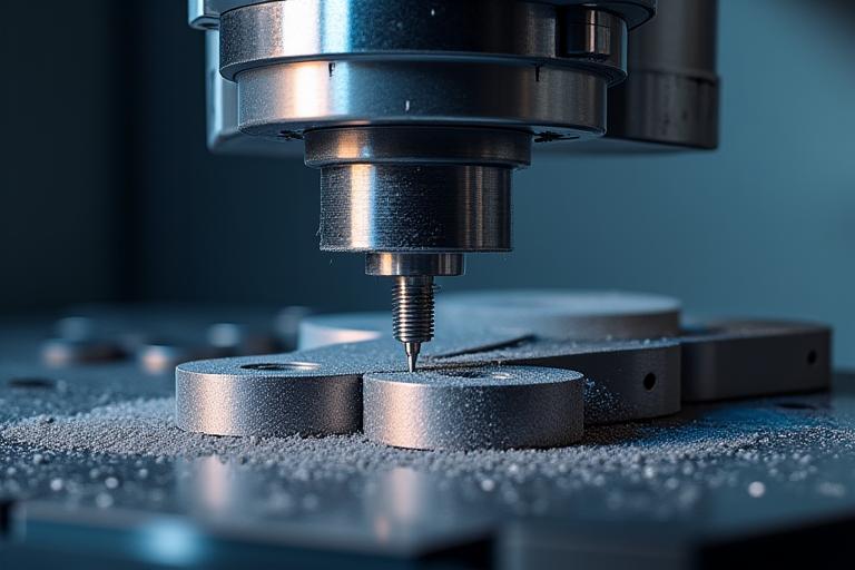 CNC machine cutting a metal component with coolant and sparks