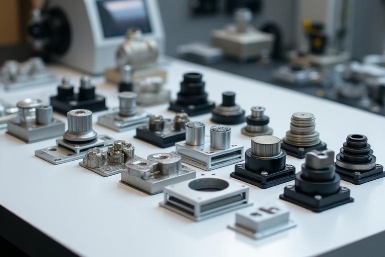 Various metal and plastic components arranged on a workbench, showcasing low-volume production samples